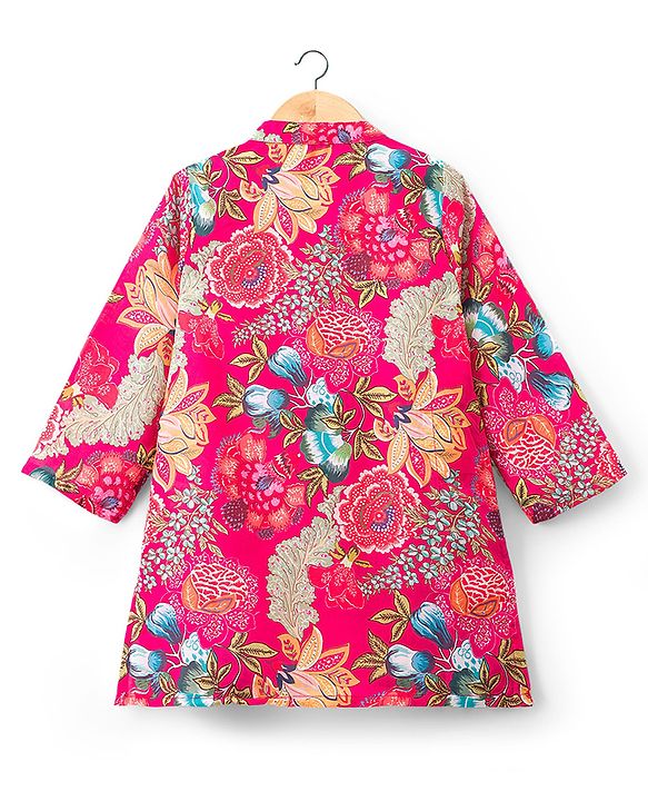 Babyhug 100% Cotton Woven Full Sleeves Floral Printed Kurta & Dhoti Set - Fuchsia & Green