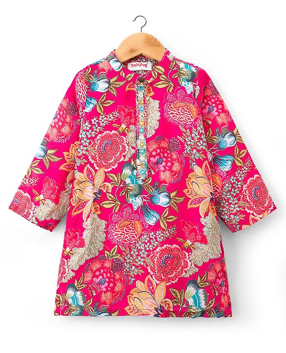 Babyhug 100% Cotton Woven Full Sleeves Floral Printed Kurta & Dhoti Set - Fuchsia & Green