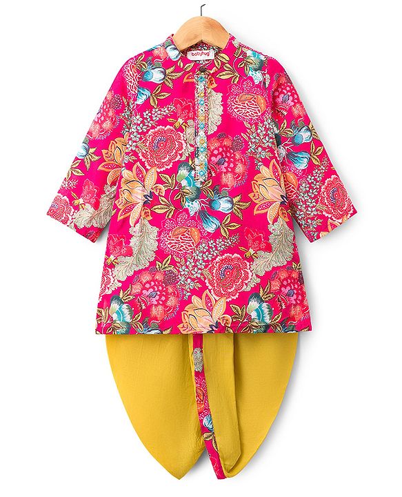 Babyhug 100% Cotton Woven Full Sleeves Floral Printed Kurta & Dhoti Set - Fuchsia & Green