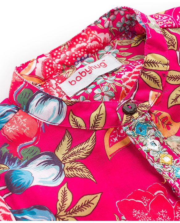 Babyhug 100% Cotton Woven Full Sleeves Floral Printed Kurta & Dhoti Set - Fuchsia & Green
