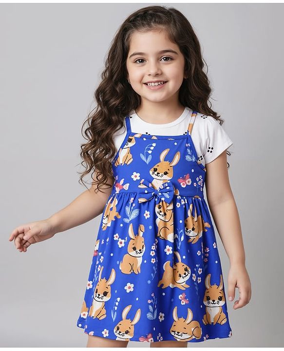 Babyhug Cotton Knit Half Sleeves Frock & T-Shirt with Animal Print & Bow Applique - Blue & White