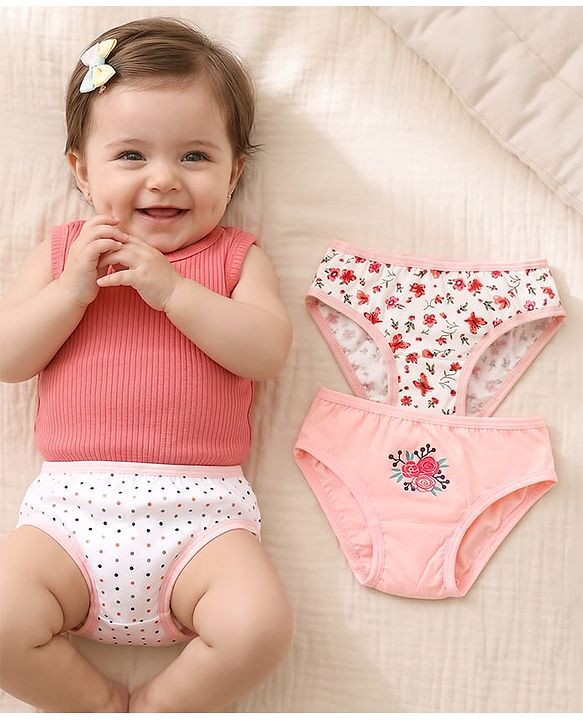 Babyhug 100% Single Jersey Knit Panties With Floral & Polka Dot Print Pack Of 3 - Pink & White