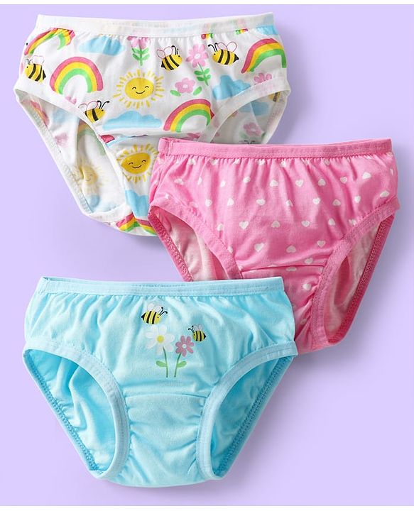Babyhug 100% Cotton Knit Panties With Heart & Rainbow Print Pack of 3 - Pink Light Blue & White
