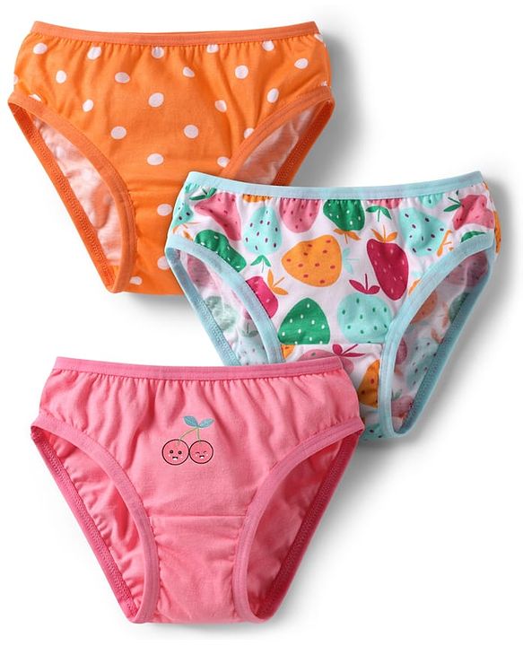Babyhug 100% Cotton Knit Antibacterial Panties With Polka Dot & Tropical Theme Print Pack Of 3 - Orange Light Blue & Pink