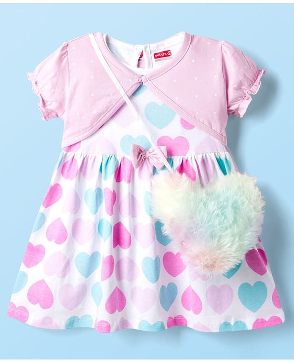 Babyhug Single Jersey Knit Half Sleeves Shrug with Frock with Heart Print Bow Applique & Sling Bag - Pink White & Light Blue