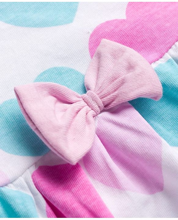 Babyhug Single Jersey Knit Half Sleeves Shrug with Frock with Heart Print Bow Applique & Sling Bag - Pink White & Light Blue