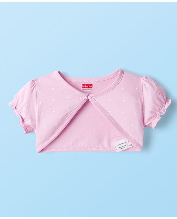 Babyhug Single Jersey Knit Half Sleeves Shrug with Frock with Heart Print Bow Applique & Sling Bag - Pink White & Light Blue