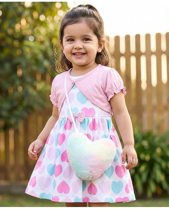 Babyhug Single Jersey Knit Half Sleeves Shrug with Frock with Heart Print Bow Applique & Sling Bag - Pink White & Light Blue