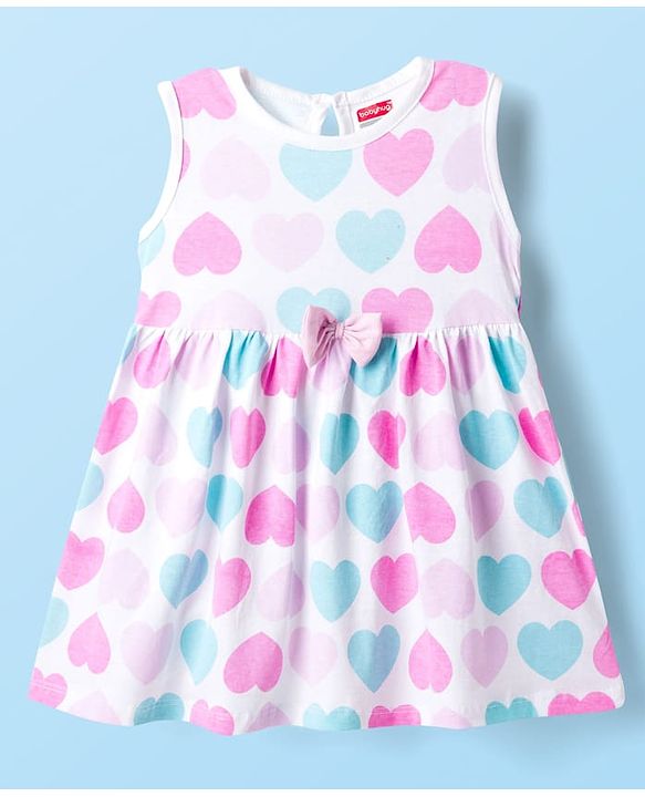 Babyhug Single Jersey Knit Half Sleeves Shrug with Frock with Heart Print Bow Applique & Sling Bag - Pink White & Light Blue
