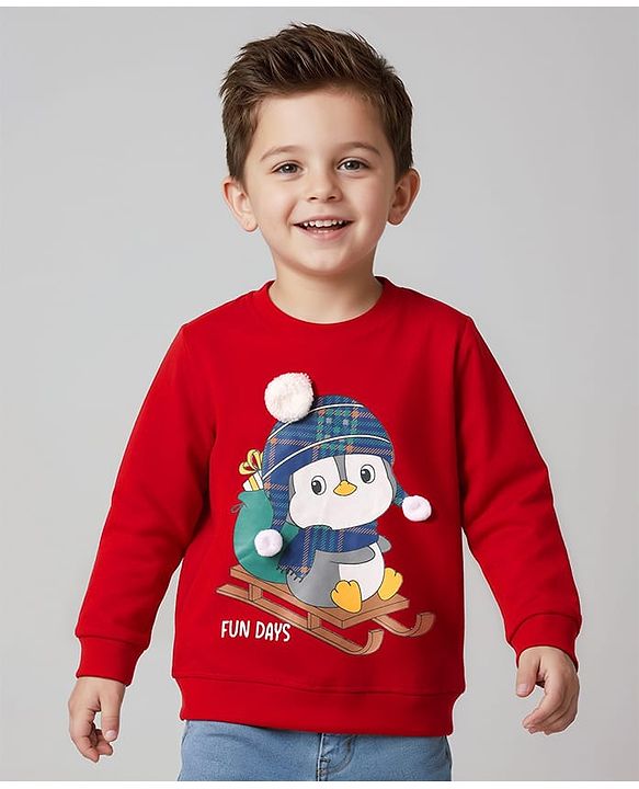 Babyhug Cotton Knit Full Sleeves Sweatshirt with Pengu Graphics - Red