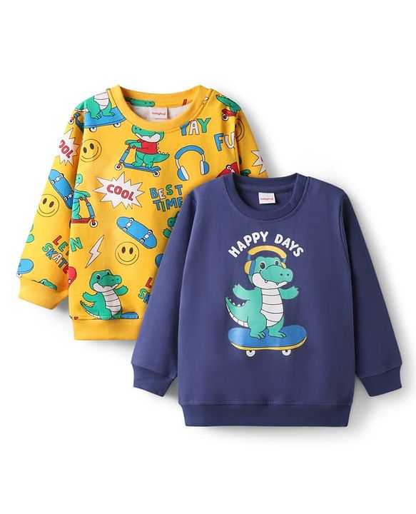 Babyhug Cotton Knit Full Sleeves Dino Printed Sweatshirts Pack of 2 - Navy Blue & Yellow