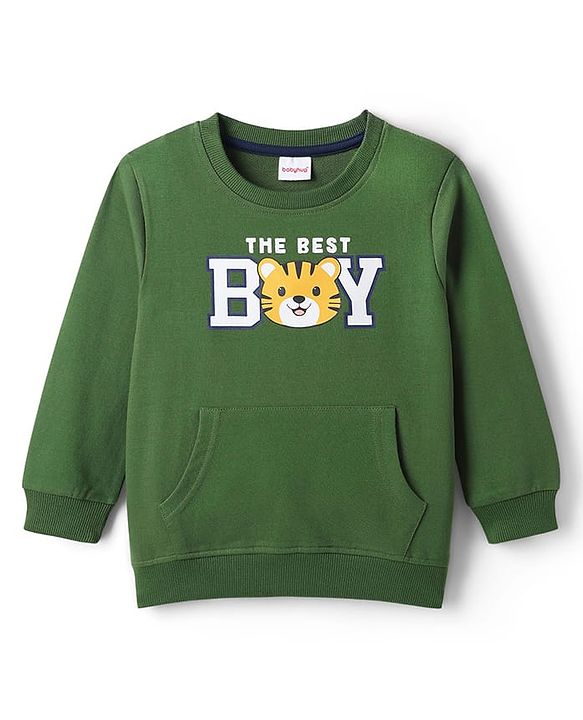 Babyhug Cotton Knit Full Sleeves Sweatshirt with Kangaroo Pockets Text Print & Animal Graphics - Green