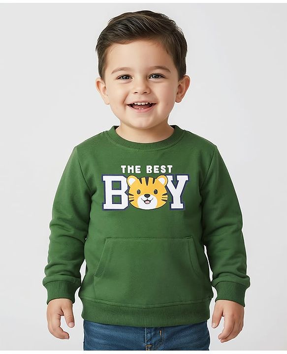 Babyhug Cotton Knit Full Sleeves Sweatshirt with Kangaroo Pockets Text Print & Animal Graphics - Green