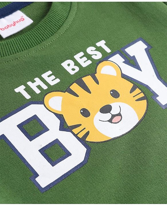 Babyhug Cotton Knit Full Sleeves Sweatshirt with Kangaroo Pockets Text Print & Animal Graphics - Green