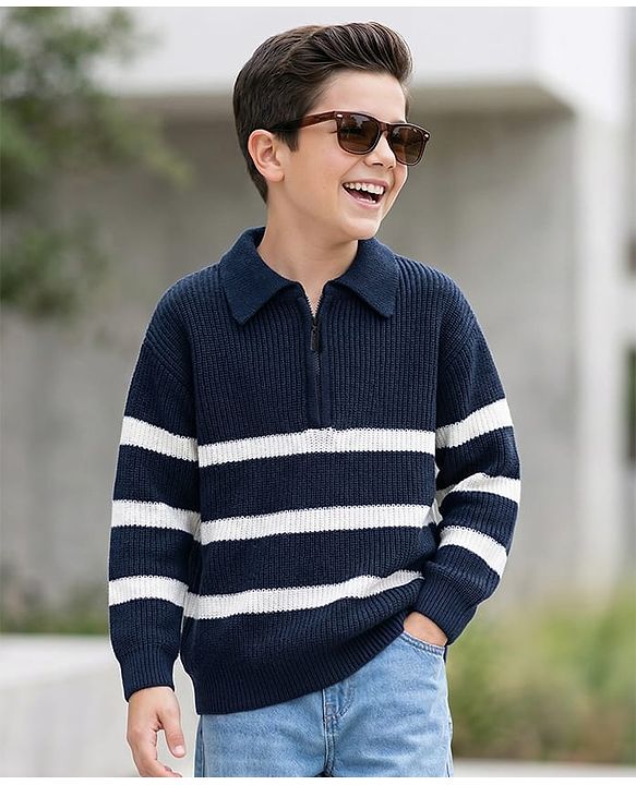 Pine Kids Knit Full Sleeves Pullover Sweater with Stripes - Navy Blue