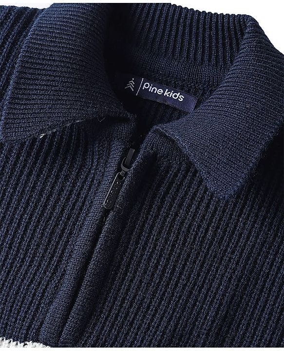 Pine Kids Knit Full Sleeves Pullover Sweater with Stripes - Navy Blue