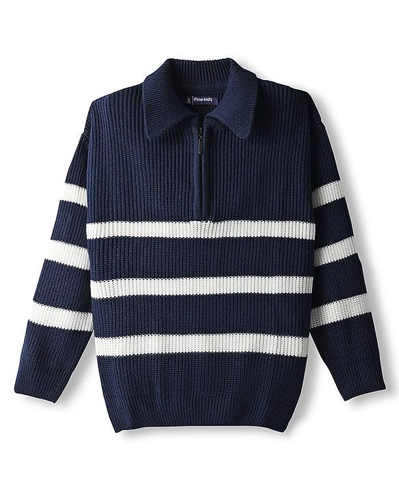 Pine Kids Knit Full Sleeves Pullover Sweater with Stripes - Navy Blue