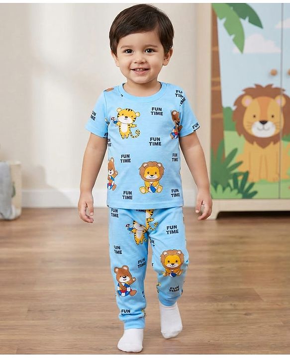Babyhug Cotton Knit Half Sleeves Co-ords Night Suit with Animal Print - Light Blue