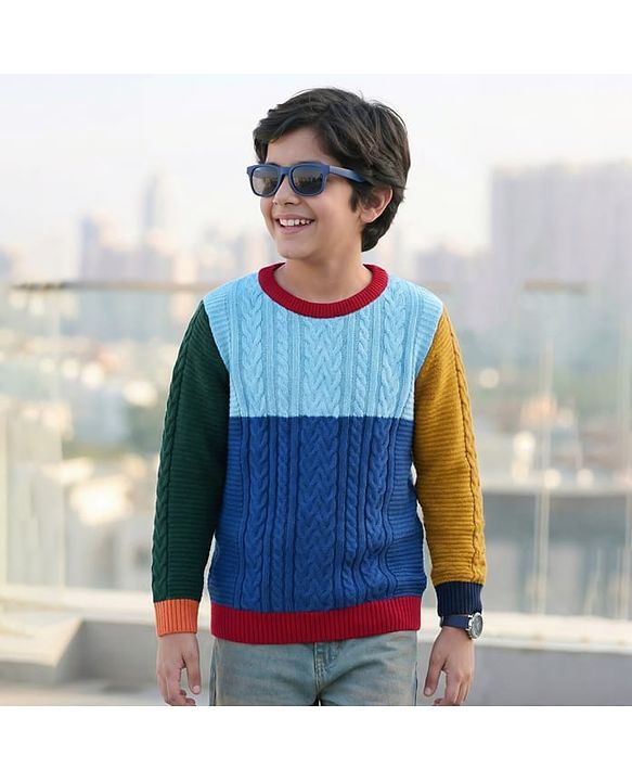Pine Kids Knit Full Sleeves Colour Block Pullover Sweater With Cable Knit Design - Multi Colour