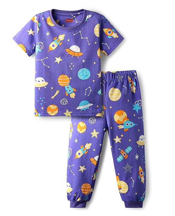 Babyhug Cotton Knit Half Sleeves Co-ords Night Suit With Space Theme Print - Purple