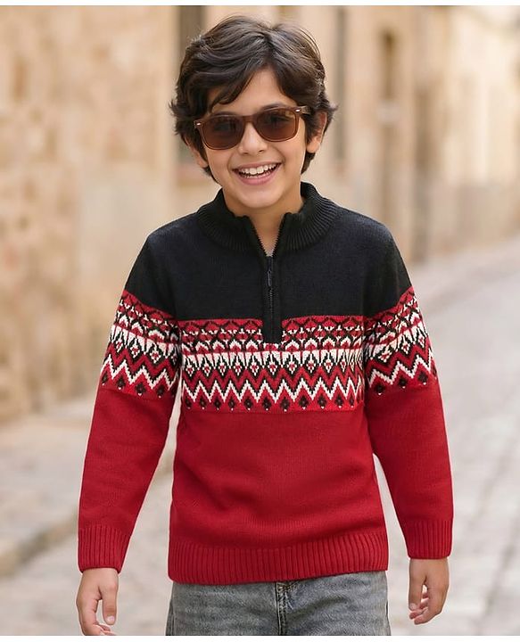 Pine Kids Knit Full Sleeves Pullover Sweater with Chevron Design - Red
