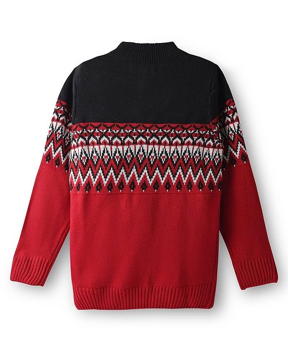 Pine Kids Knit Full Sleeves Pullover Sweater with Chevron Design - Red