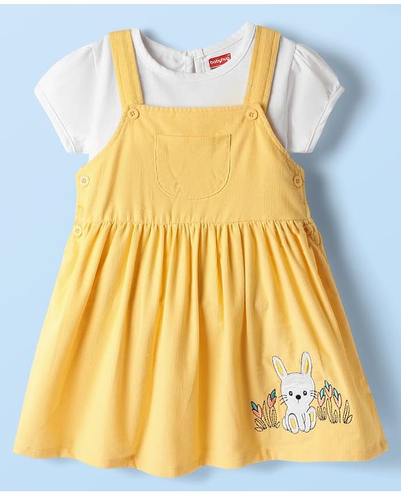 Babyhug 100% Cotton Half Sleeves Solid Coloured Inner Tee With Bunny Embroidered Frock - Yellow