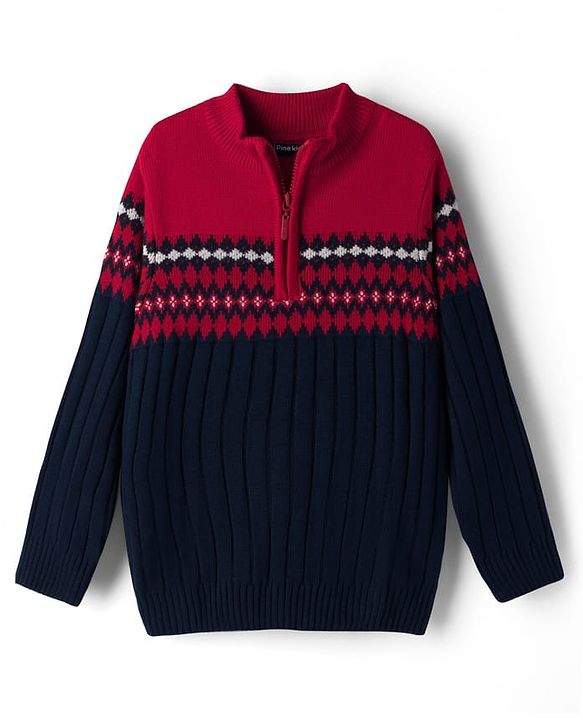 Pine Kids Knit Full Sleeves Pullover Sweater with Aztec Design - Red & Navy Blue