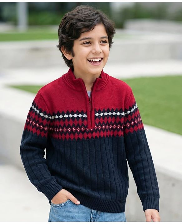 Pine Kids Knit Full Sleeves Pullover Sweater with Aztec Design - Red & Navy Blue
