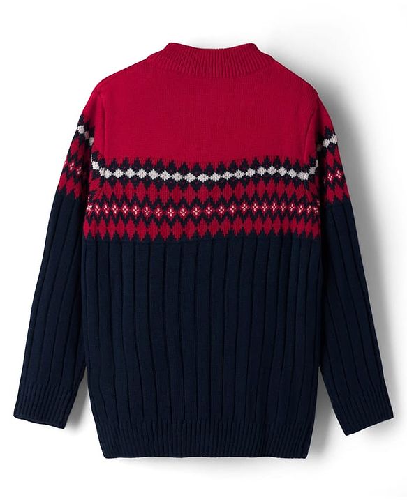 Pine Kids Knit Full Sleeves Pullover Sweater with Aztec Design - Red & Navy Blue