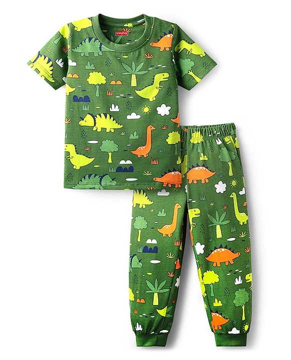 Babyhug Cotton Knit Half Sleeves  Co-ords Night Suit With Dino Print - Green