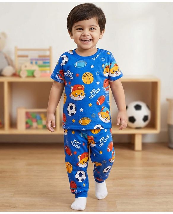 Babyhug Cotton Knit Half Sleeves Co-ords Night Suit With Football Print - Blue