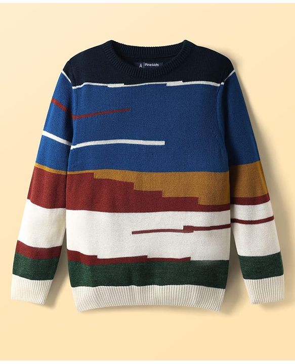 Pine Kids Knit Full Sleeves Pullover Sweater With Colour Block Design - Multi Colour