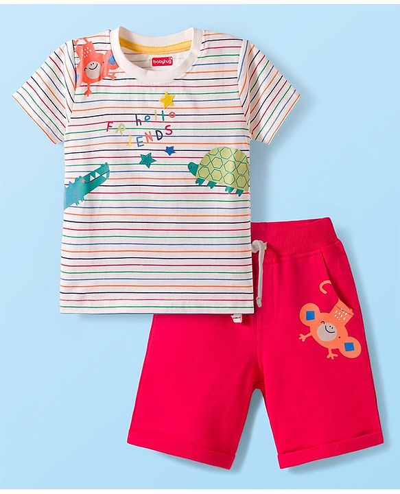 Babyhug Single Jersey Knit Half Sleeves Striped T-Shirt & Shorts Set with Animal Print - Red