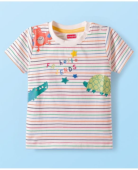 Babyhug Single Jersey Knit Half Sleeves Striped T-Shirt & Shorts Set with Animal Print - Red