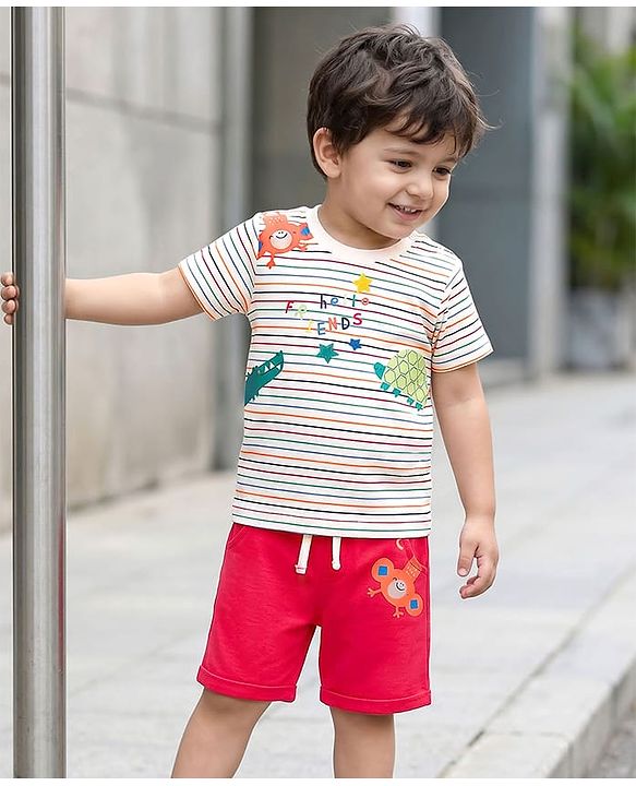 Babyhug Single Jersey Knit Half Sleeves Striped T-Shirt & Shorts Set with Animal Print - Red