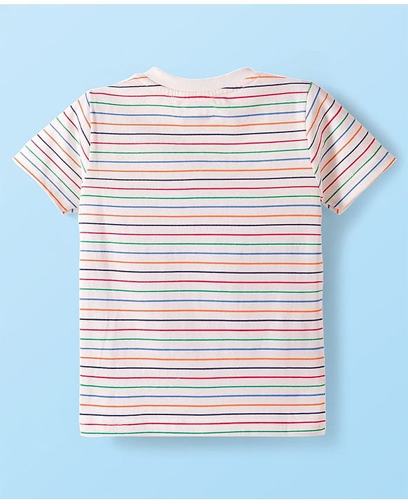 Babyhug Single Jersey Knit Half Sleeves Striped T-Shirt & Shorts Set with Animal Print - Red