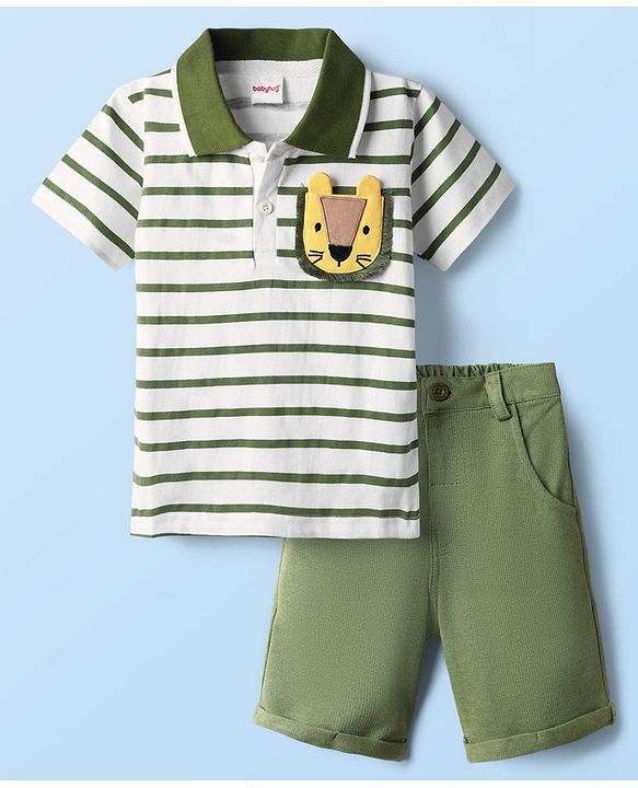 Babyhug Sleeveless Striped T-Shirt & Denim Shorts Set California Print - Orange Blue main image 1