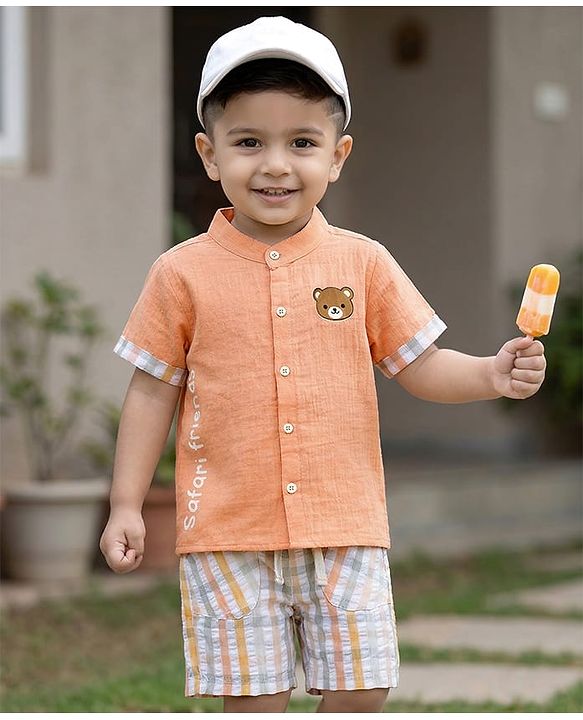 Babyhug 100% Cotton Woven Half Sleeves Mandarin Collar Bear Printed Shirt & Shorts Set With Checks - Peach