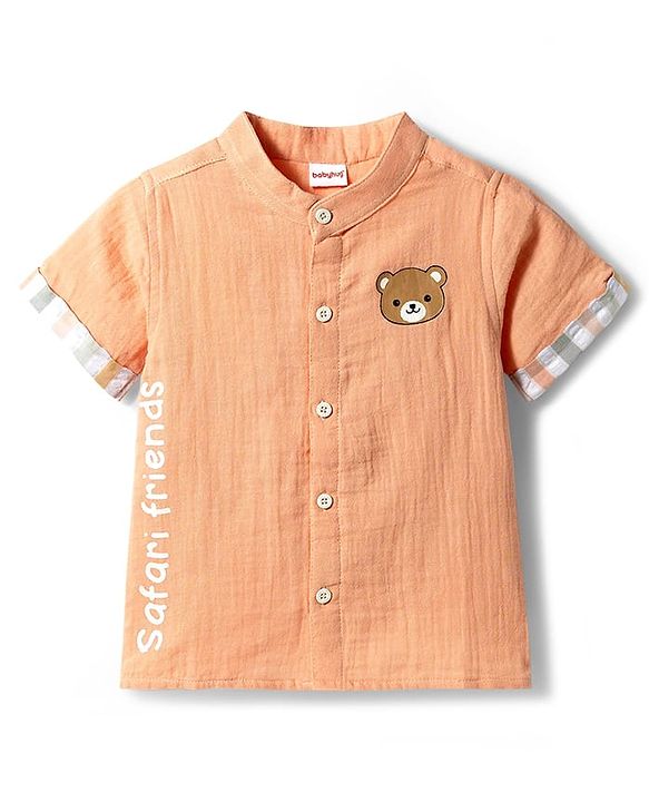 Babyhug 100% Cotton Woven Half Sleeves Mandarin Collar Bear Printed Shirt & Shorts Set With Checks - Peach