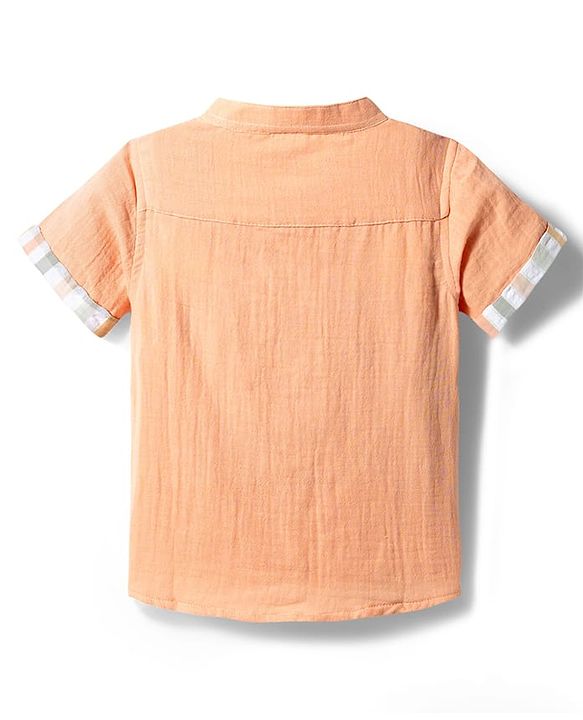 Babyhug 100% Cotton Woven Half Sleeves Mandarin Collar Bear Printed Shirt & Shorts Set With Checks - Peach