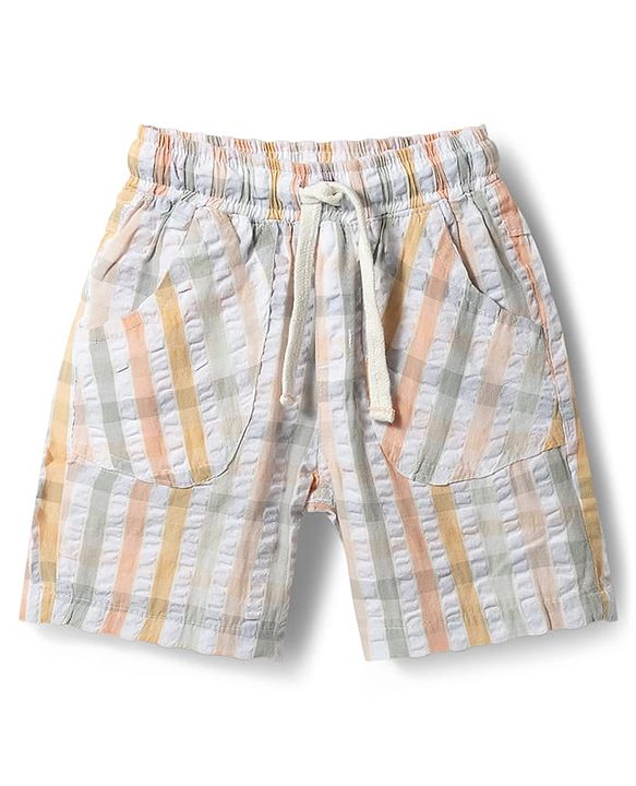 Babyhug 100% Cotton Woven Half Sleeves Mandarin Collar Bear Printed Shirt & Shorts Set With Checks - Peach