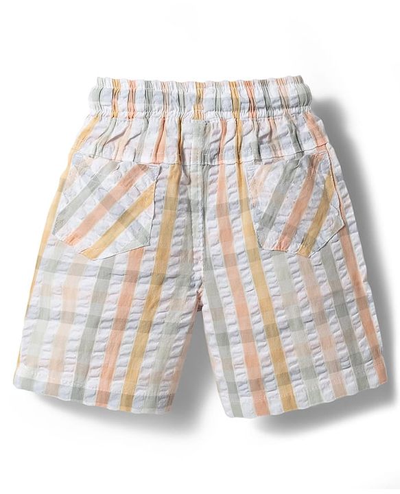 Babyhug 100% Cotton Woven Half Sleeves Mandarin Collar Bear Printed Shirt & Shorts Set With Checks - Peach