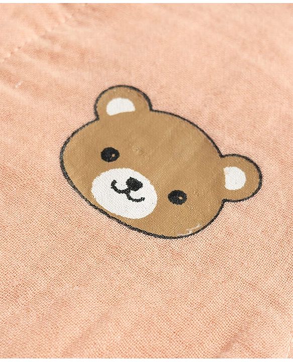 Babyhug 100% Cotton Woven Half Sleeves Mandarin Collar Bear Printed Shirt & Shorts Set With Checks - Peach