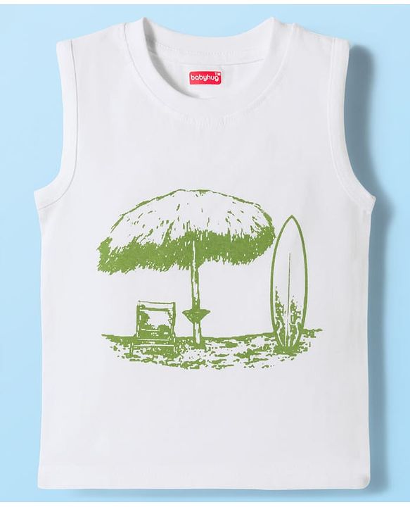 Babyhug Poplin Woven Half Sleeves Beach Theme Printed Shirt & Shorts Set with Inner Tee - Green & White