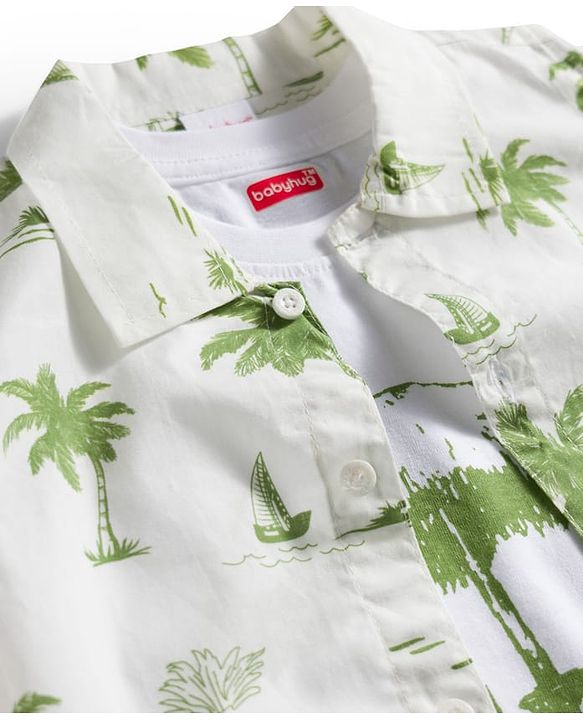 Babyhug Poplin Woven Half Sleeves Beach Theme Printed Shirt & Shorts Set with Inner Tee - Green & White