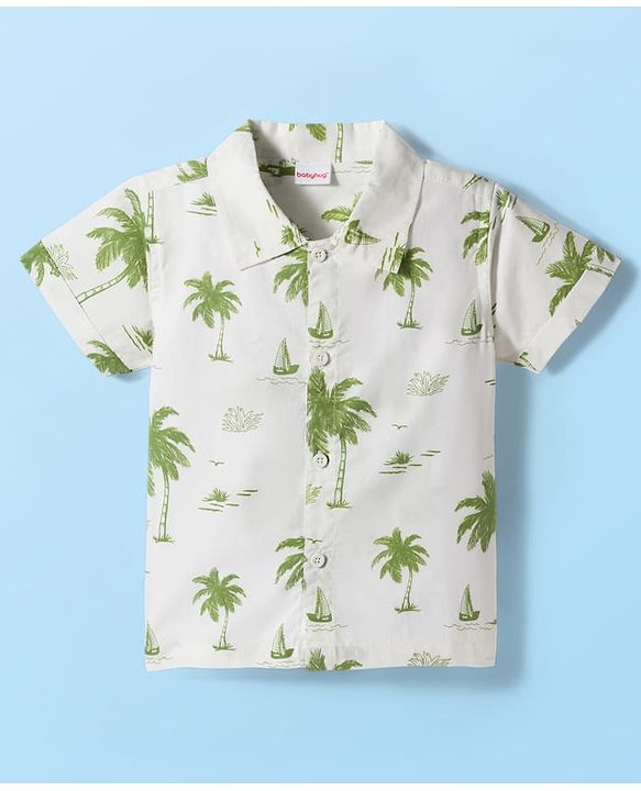 Babyhug Poplin Woven Half Sleeves Beach Theme Printed Shirt & Shorts Set with Inner Tee - Green & White