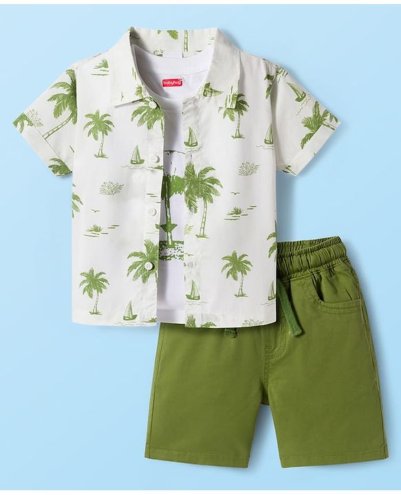 Babyhug Poplin Woven Half Sleeves Beach Theme Printed Shirt & Shorts Set with Inner Tee - Green & White