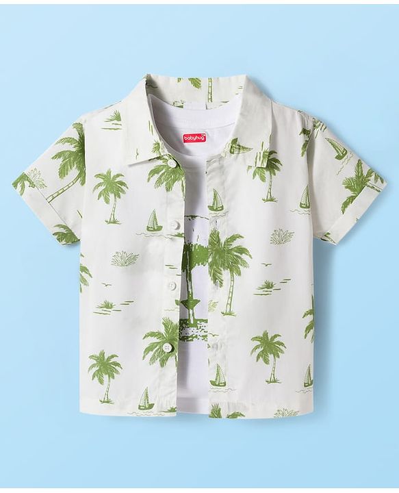 Babyhug Poplin Woven Half Sleeves Beach Theme Printed Shirt & Shorts Set with Inner Tee - Green & White