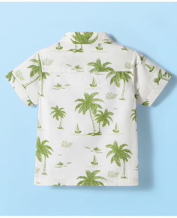 Babyhug Poplin Woven Half Sleeves Beach Theme Printed Shirt & Shorts Set with Inner Tee - Green & White